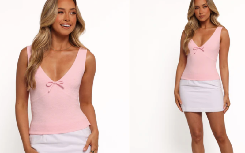 adina knit top from petal & pup with white skirt