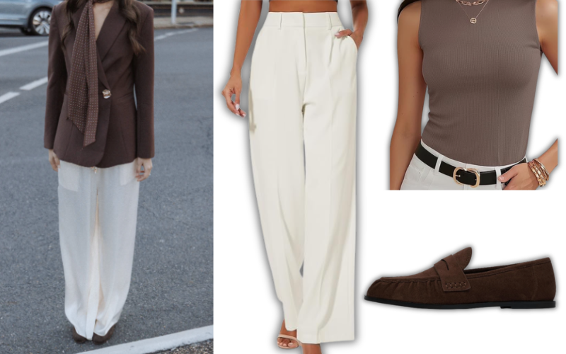 modest job interview outfit - brown blazer and loafers with light brown mock neck shirt and white pants